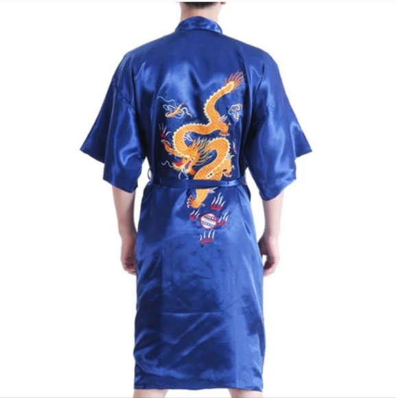 Source Unknown Other - Golden Dragon Bathrobe Kimono Size Large Blue Silky Vintage